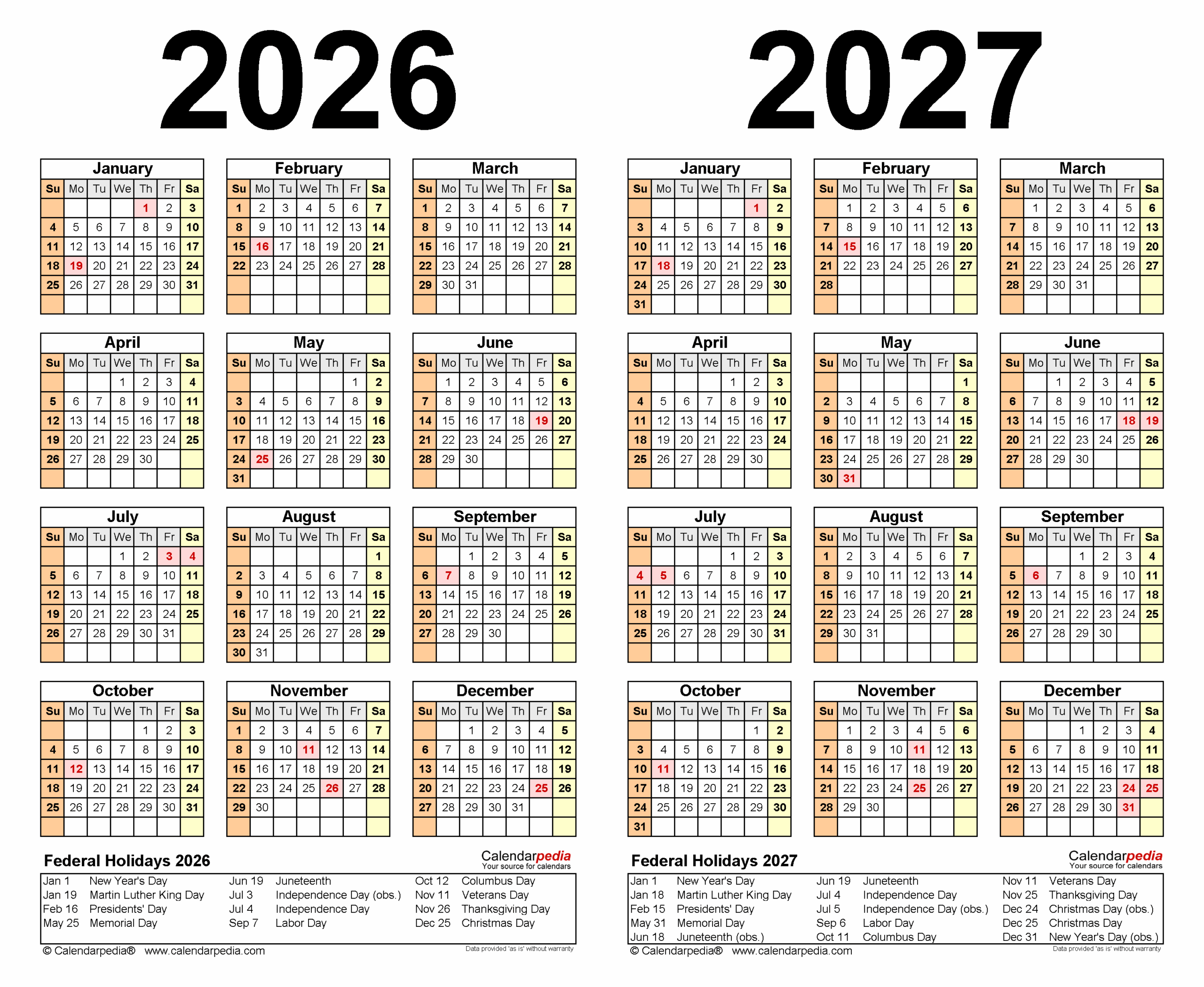 2026 2027 Two Year Calendar Free Printable Excel Templates