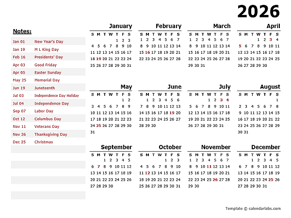 2026 Yearly Calendar Template With US Holidays Free Printable Templates