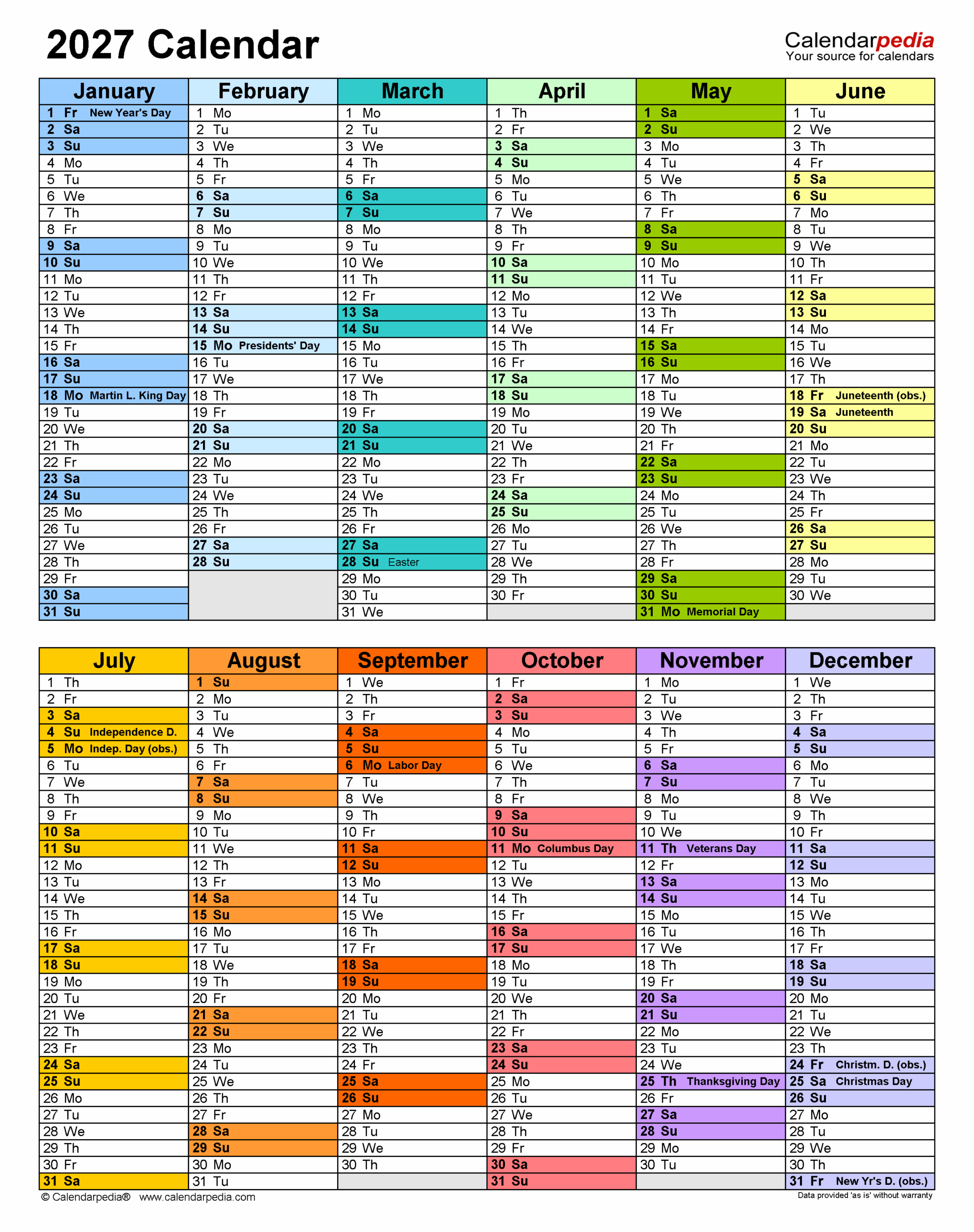 2027 Calendar Free Printable PDF Templates Calendarpedia