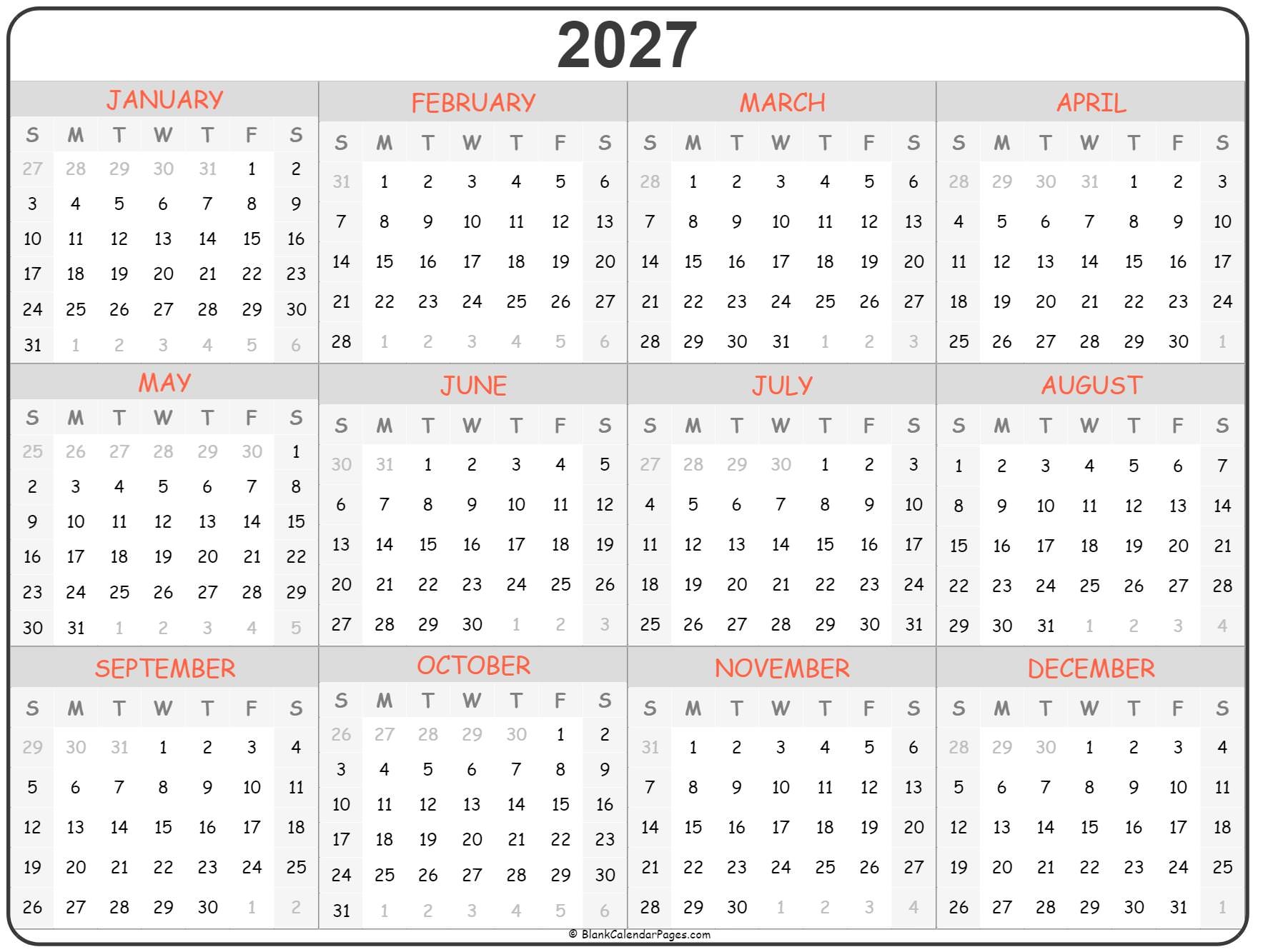 2027 Printable Yearly Calendar Calendar sorteasport