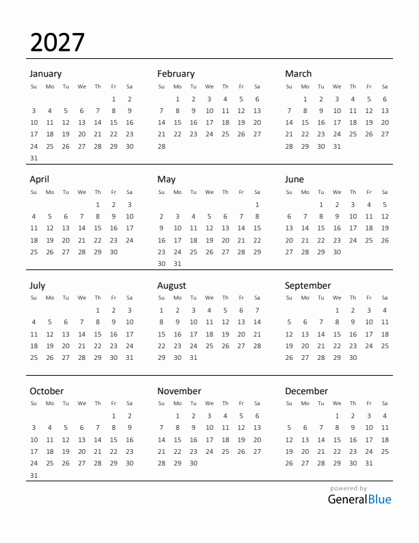 Free Downloadable 2027 Yearly Calendar Template