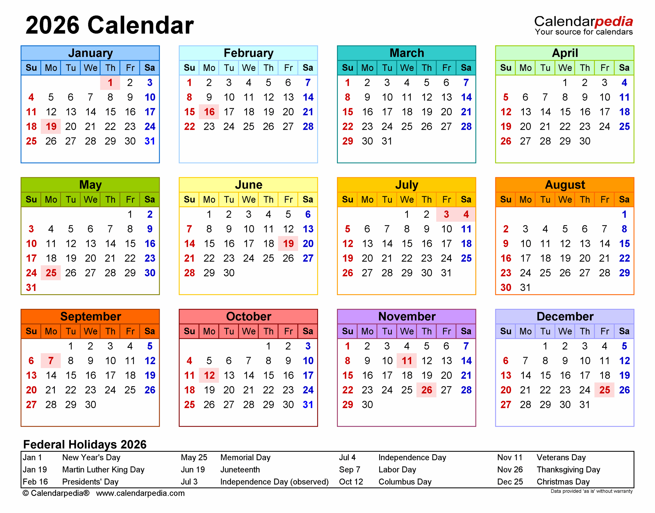Free Printable 2026 Calendar With Holidays Usa Pdf Elise M Kay