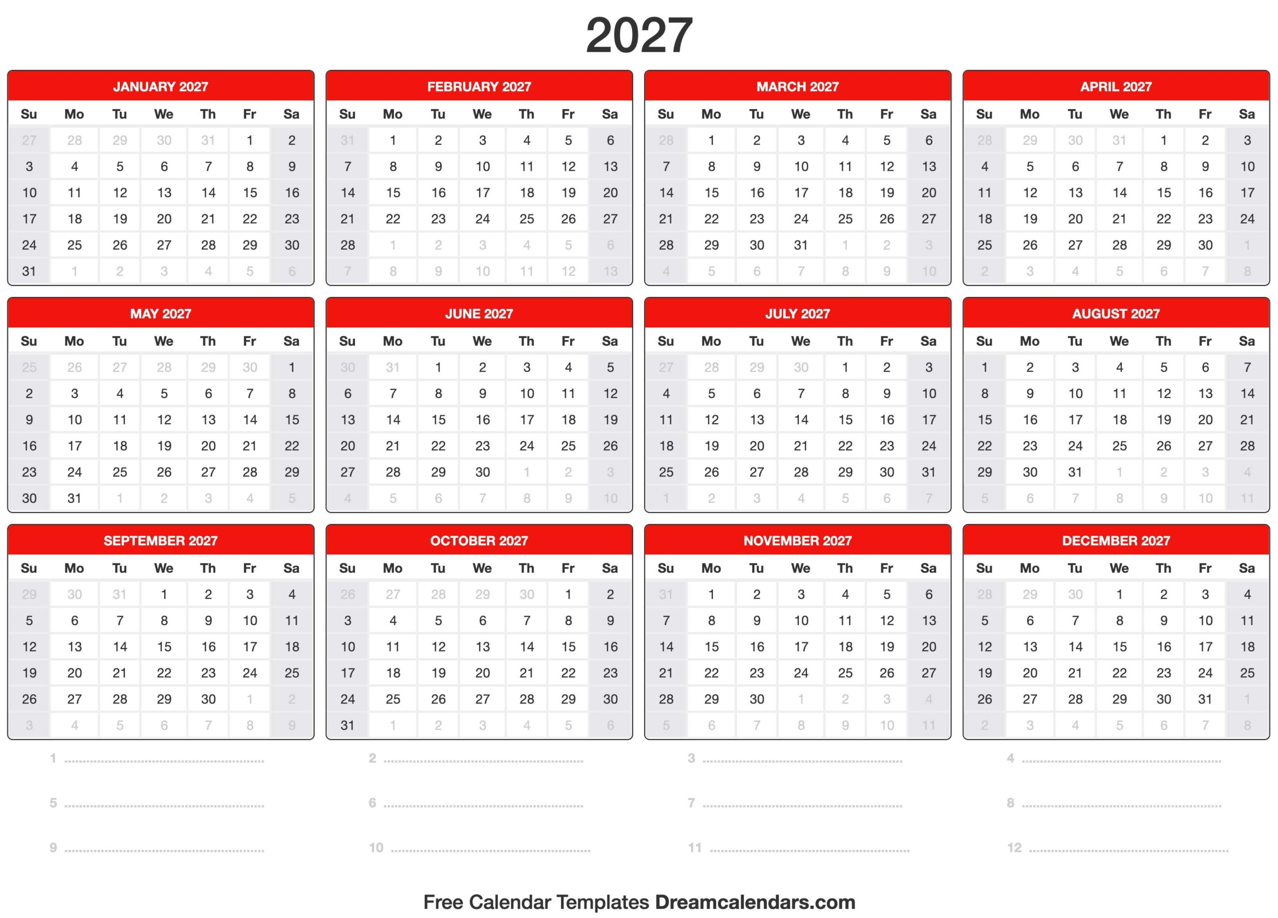 Free Printable 2027 Calendar With Holidays Us Billy K Payeur