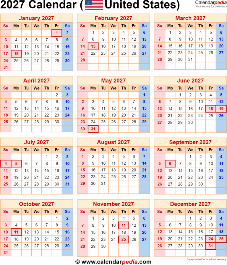 Free Printable 2027 Calendar With Holidays Us Pdf Aurora A Aguilar