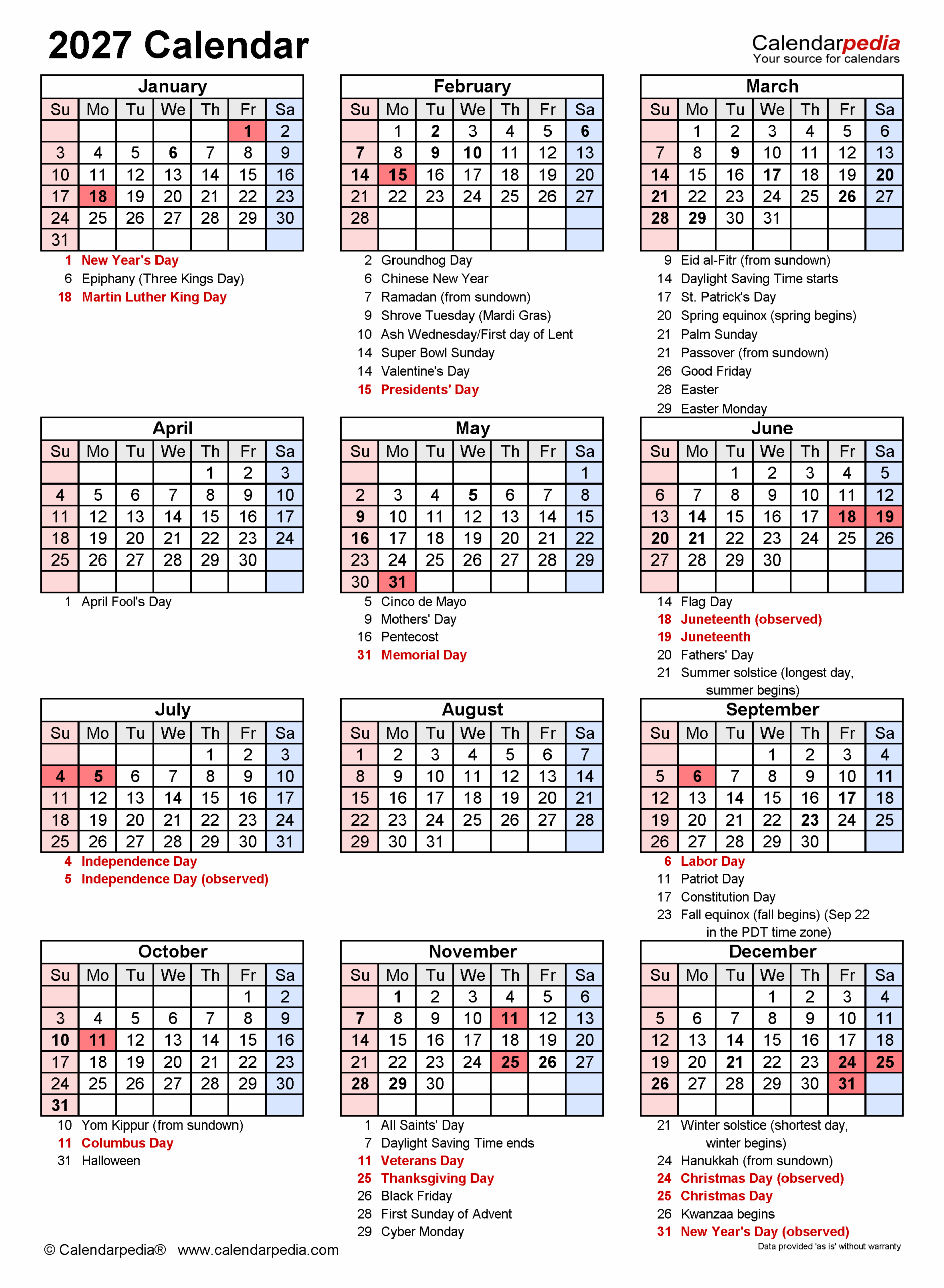 Free Printable 2027 Calendar With Holidays Us Pdf Aurora A Aguilar