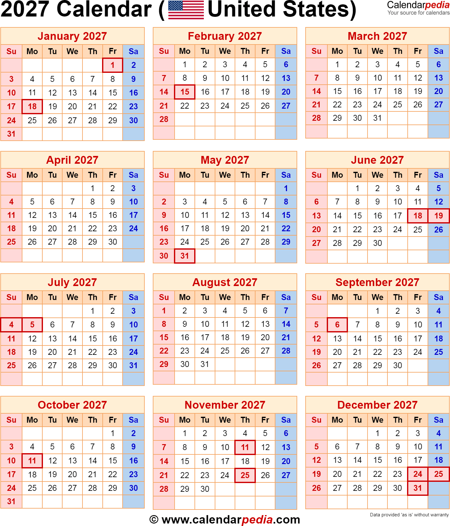Free Printable 2027 Calendar With Holidays Us Pdf Aurora A Aguilar