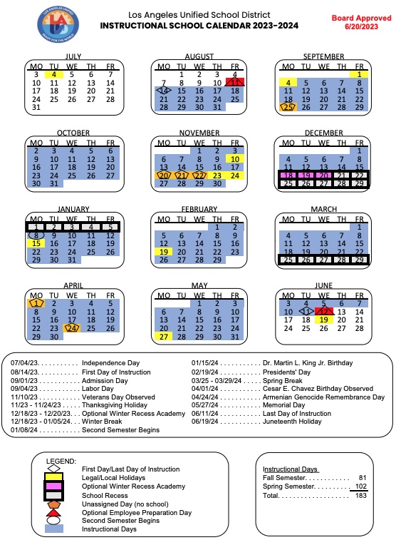 LAUSD Instructional Calendar Our School Hooper Avenue Elementary School