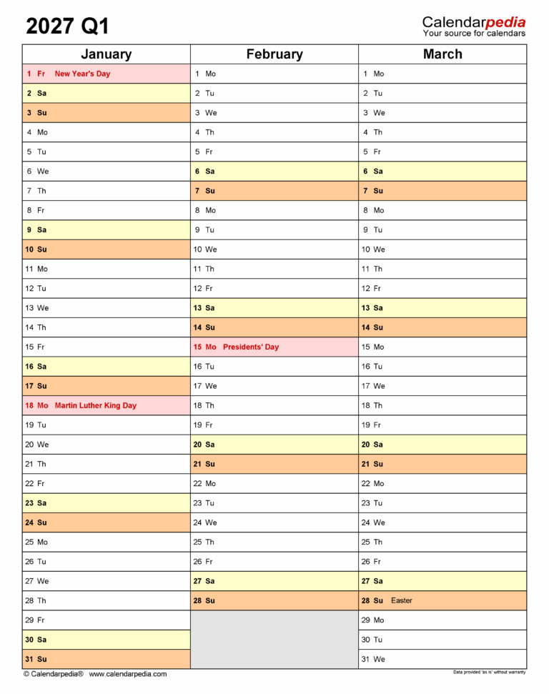 Quarterly Calendars 2027 Free Printable PDF Templates
