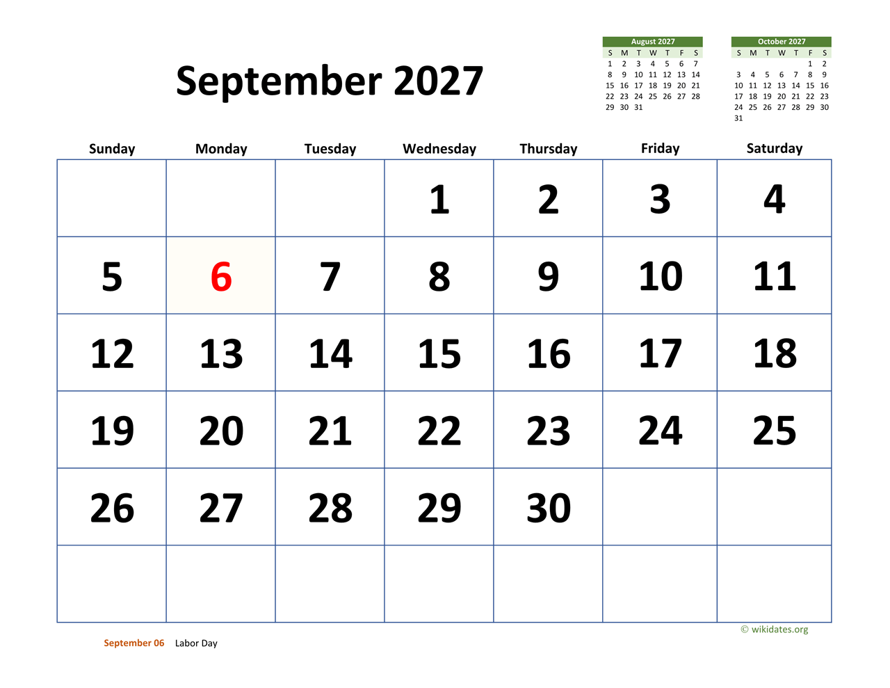 September 2027 Calendar With Extra large Dates WikiDates