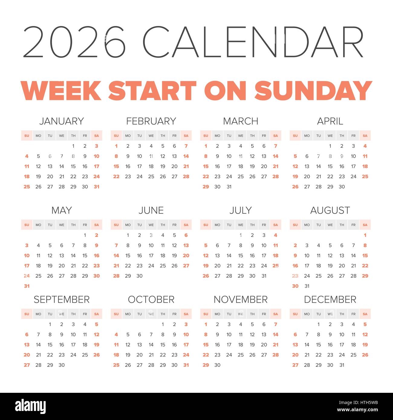 Simple 2026 Year Calendar Week Starts On Sunday Stock Vrogue co